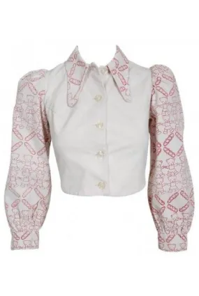 1968 Zandra Rhodes Couture Teddy Bear Novelty Print White Denim Cropped Jacket