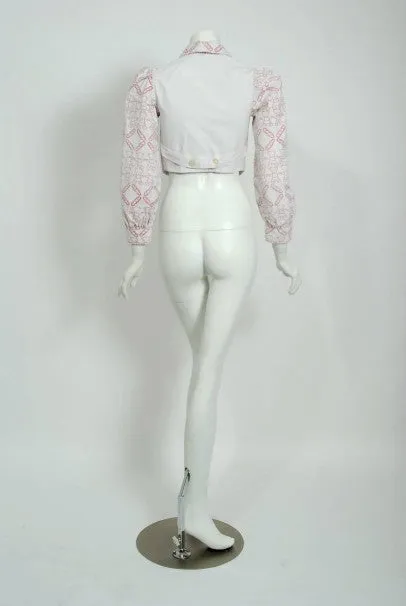 1968 Zandra Rhodes Couture Teddy Bear Novelty Print White Denim Cropped Jacket
