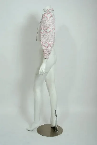 1968 Zandra Rhodes Couture Teddy Bear Novelty Print White Denim Cropped Jacket