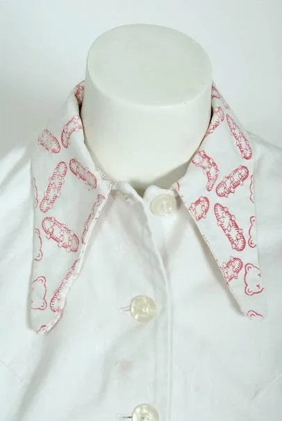 1968 Zandra Rhodes Couture Teddy Bear Novelty Print White Denim Cropped Jacket