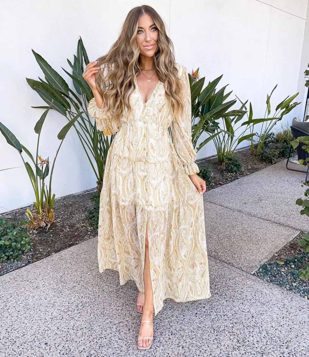 Aakaa Mustard Paisley Print V-Neck Button Front Maxi Dress- Size S