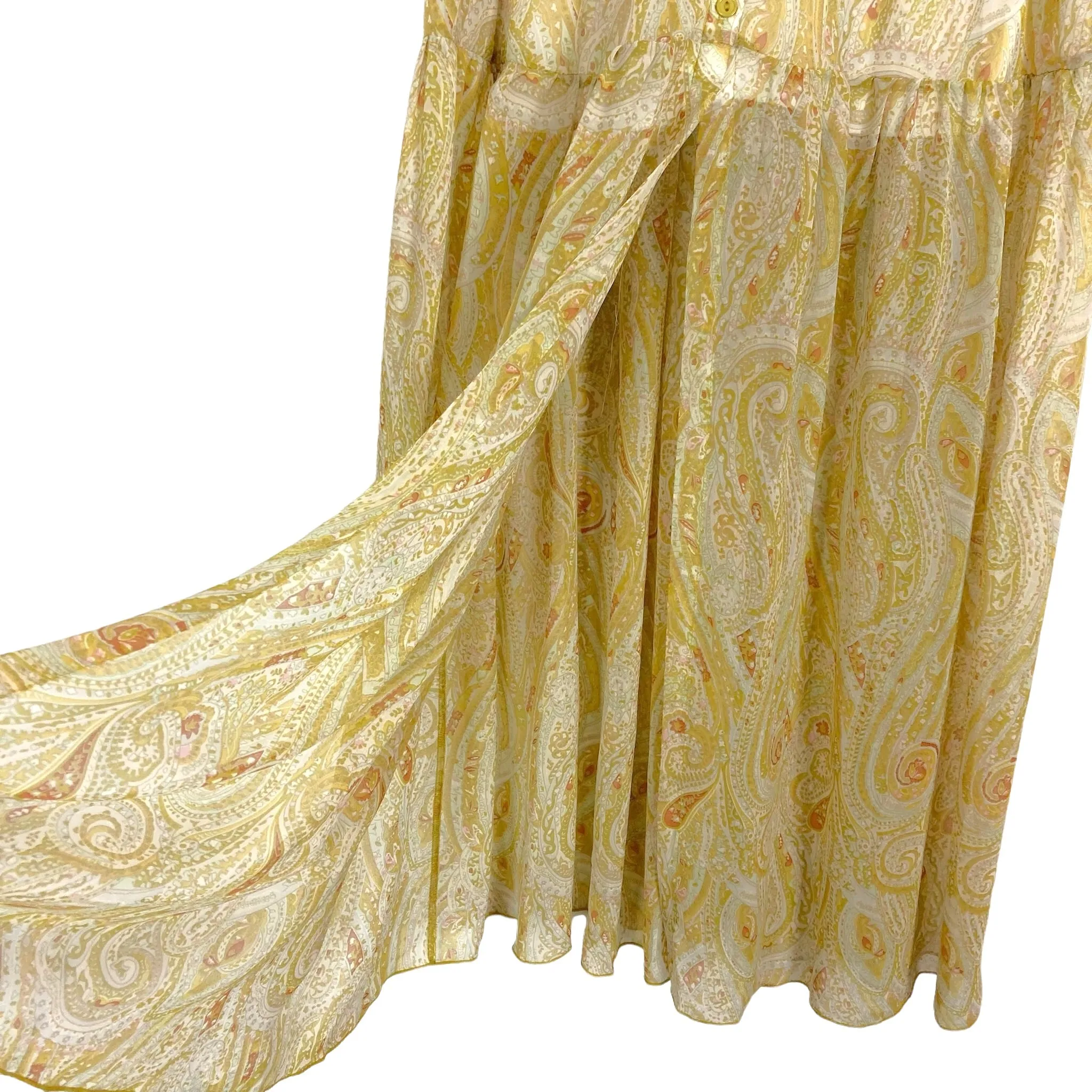Aakaa Mustard Paisley Print V-Neck Button Front Maxi Dress- Size S