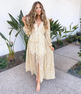 Aakaa Mustard Paisley Print V-Neck Button Front Maxi Dress- Size S