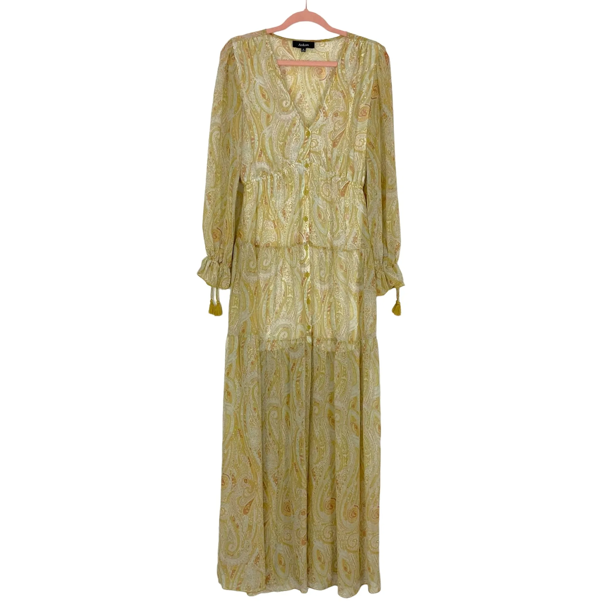 Aakaa Mustard Paisley Print V-Neck Button Front Maxi Dress- Size S