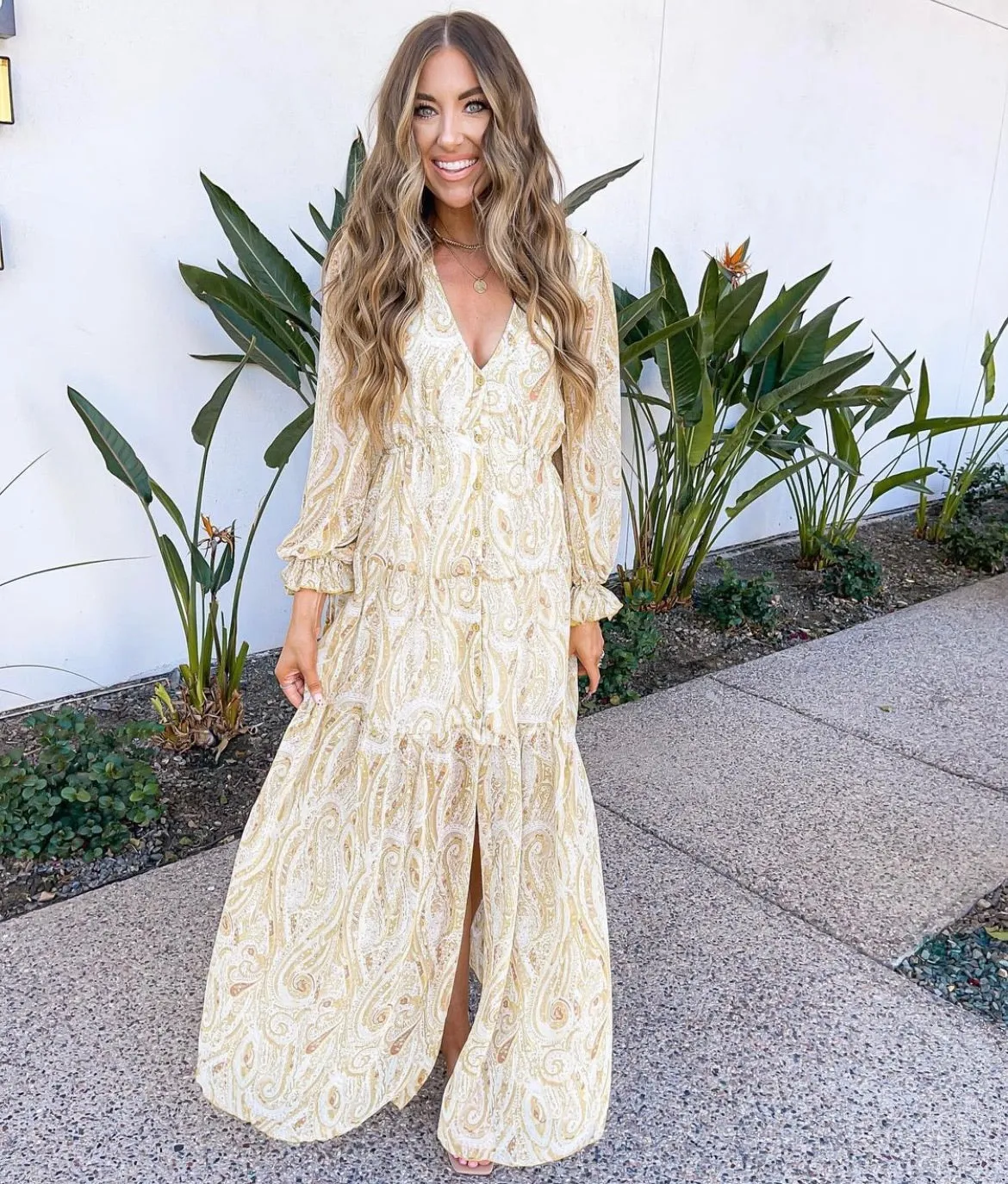 Aakaa Mustard Paisley Print V-Neck Button Front Maxi Dress- Size S