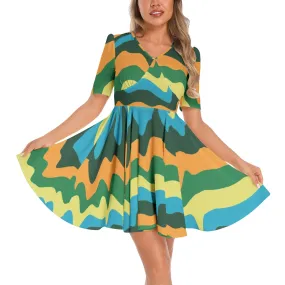 Abstract Colors Short Sleeve Ruched Bust Flared Hem Dress