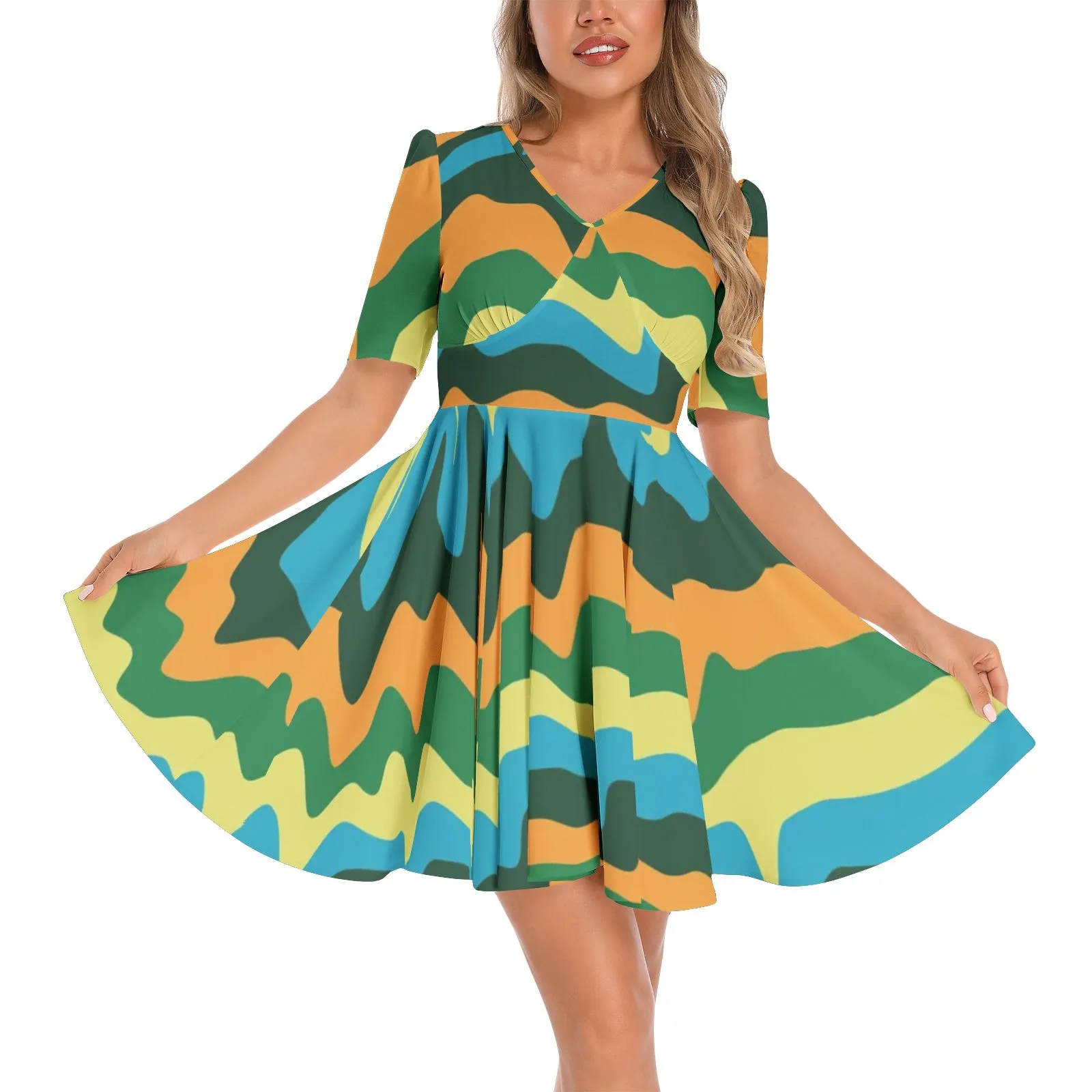 Abstract Colors Short Sleeve Ruched Bust Flared Hem Dress