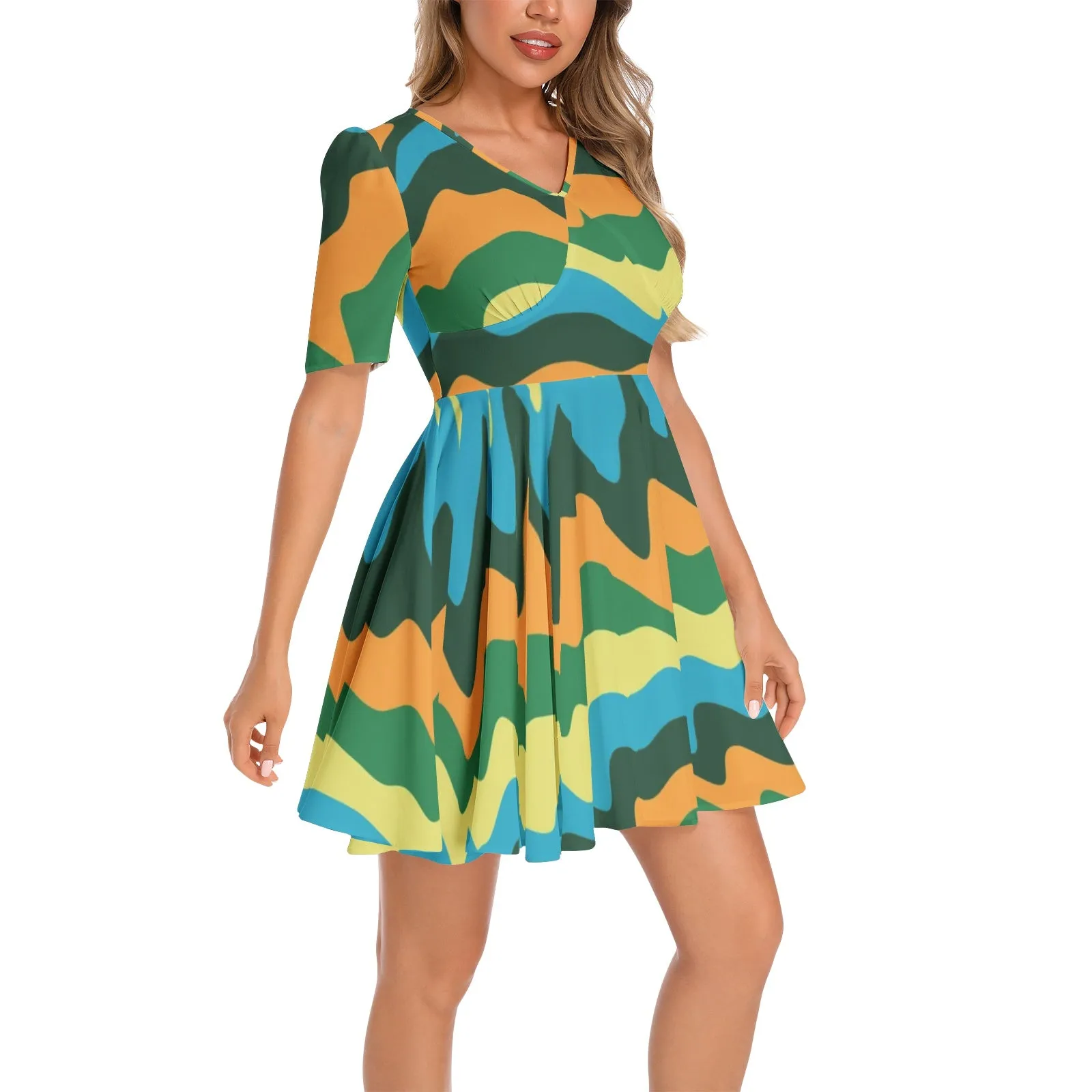 Abstract Colors Short Sleeve Ruched Bust Flared Hem Dress