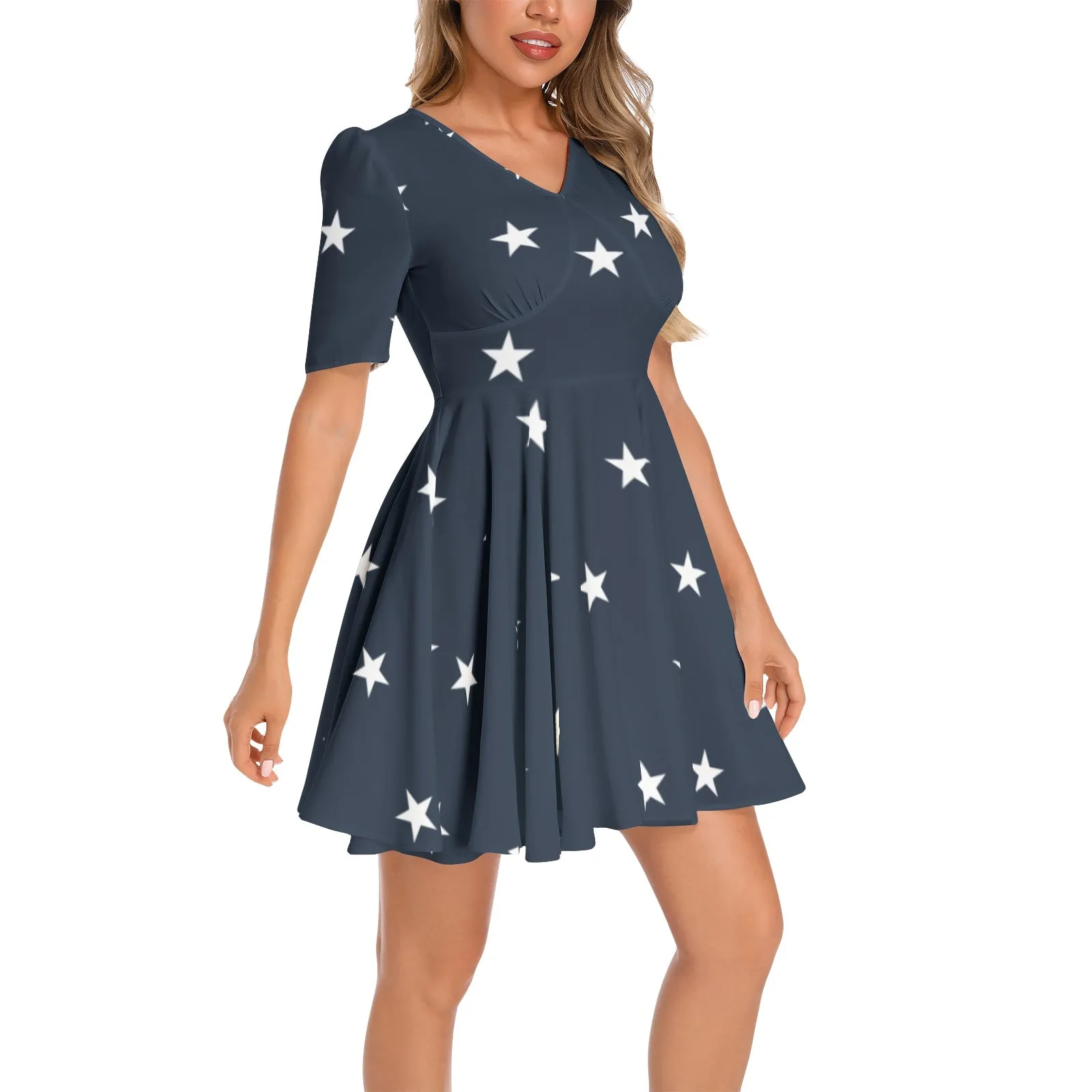 All Stars Short Sleeve Ruched Bust Flared Hem Dress
