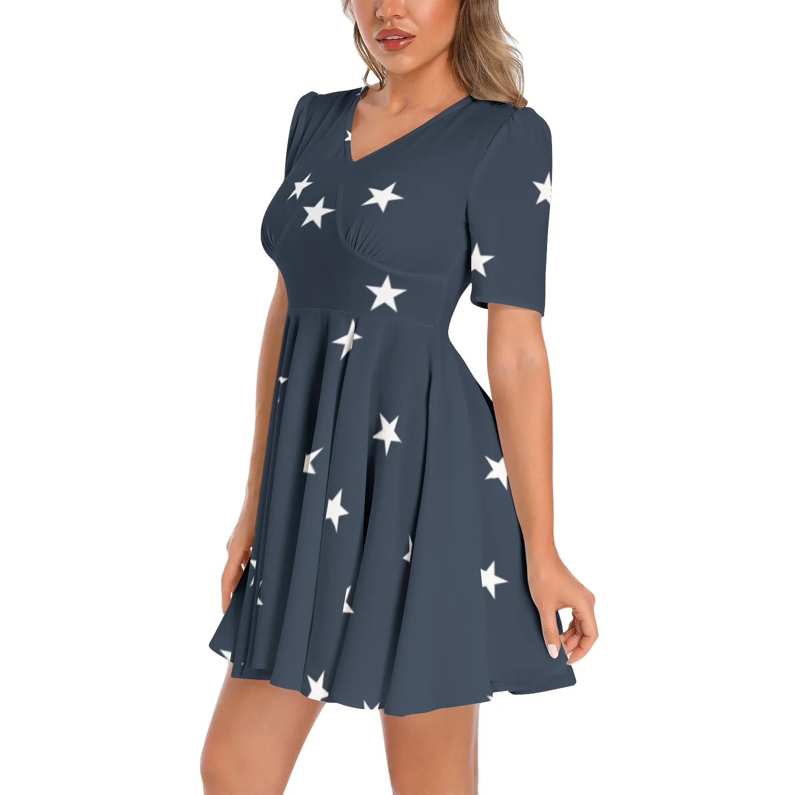 All Stars Short Sleeve Ruched Bust Flared Hem Dress