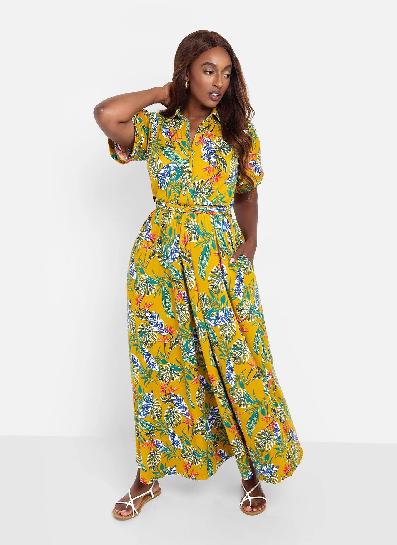Allow Me Floral Print Button Top Skater Maxi Dress - Mustard