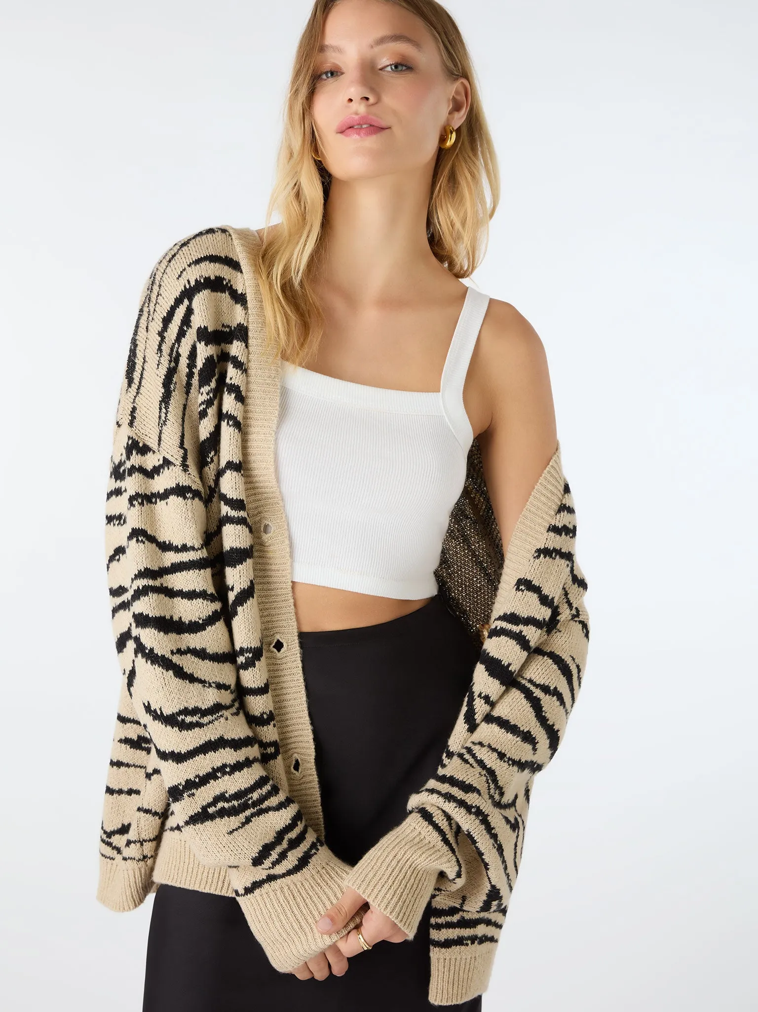 Amelia Oversized Zebra Cardigan in Beige