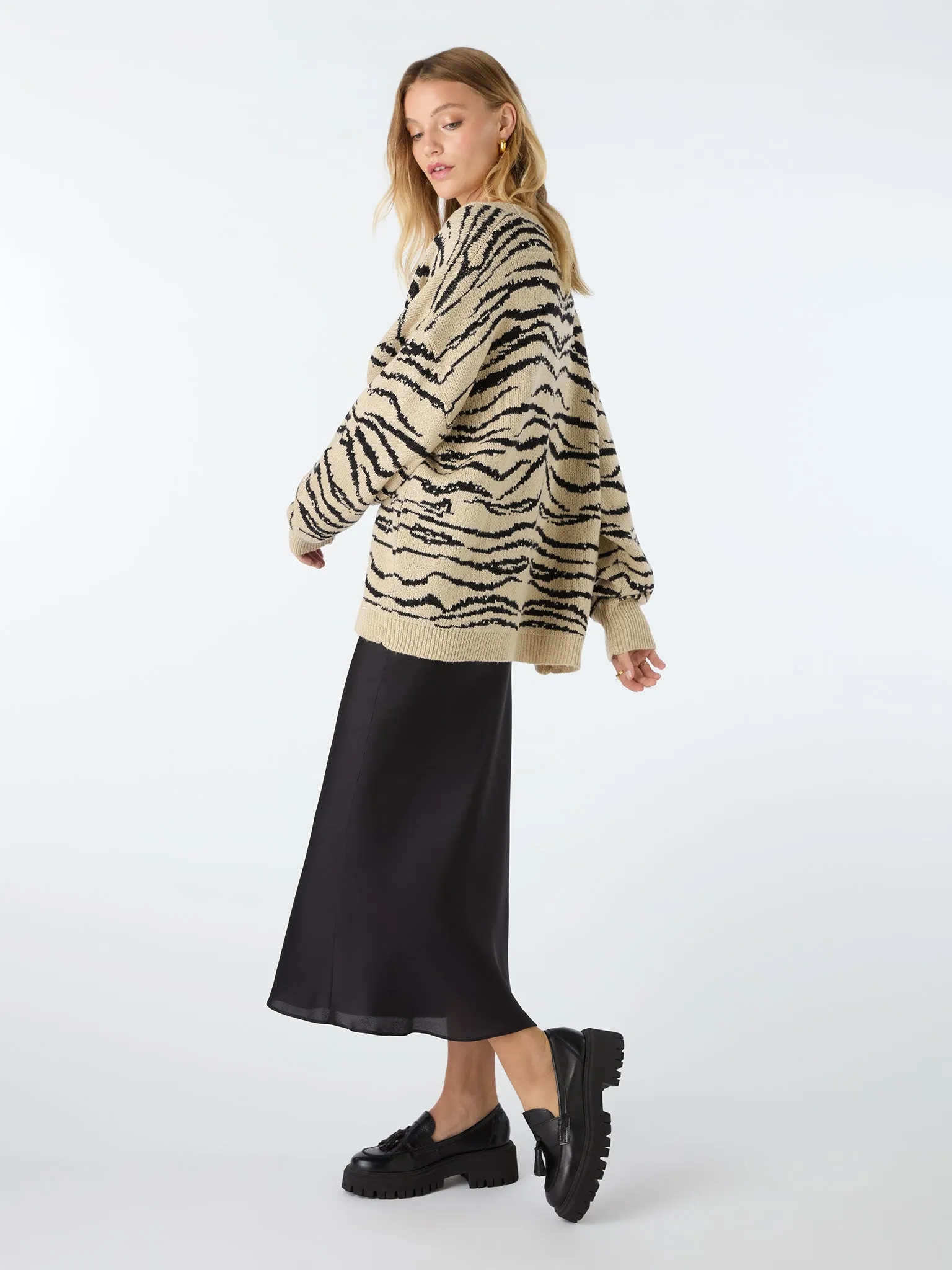 Amelia Oversized Zebra Cardigan in Beige