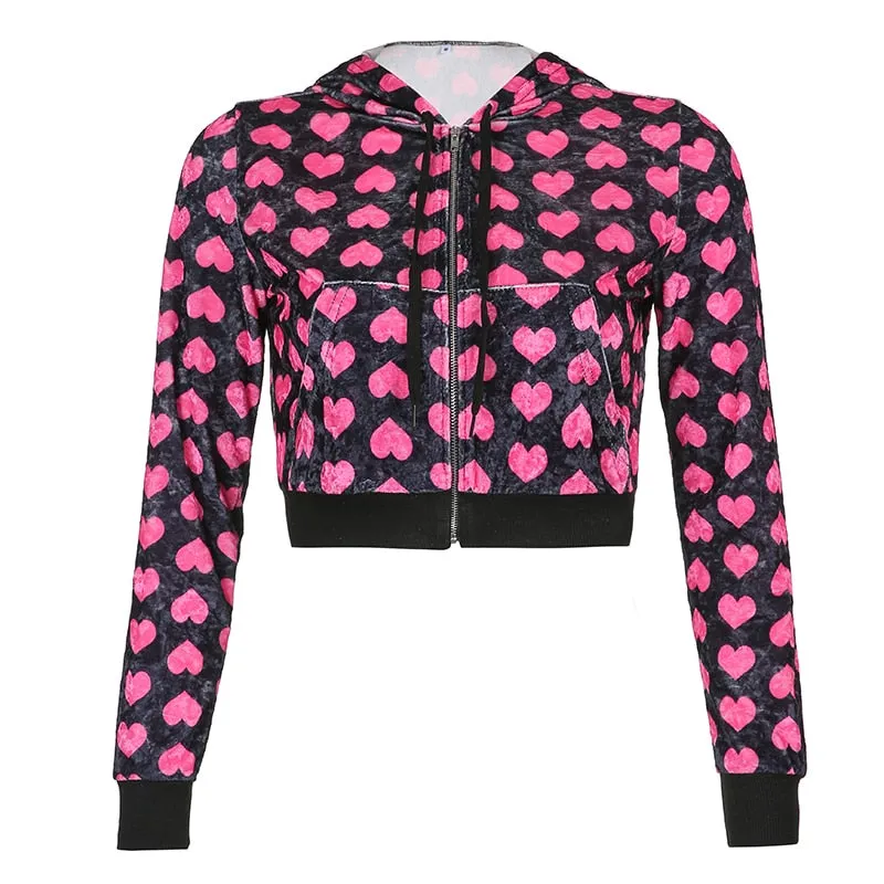 Amozae- Velvet Heart Print Cropped Top Bomber Jacket Women Autumn Cute Pink Long Sleeve Coats Zipper Winter 90S Overcoat