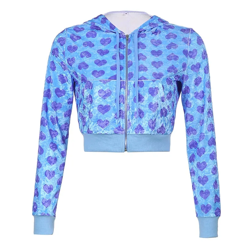 Amozae- Velvet Heart Print Cropped Top Bomber Jacket Women Autumn Cute Pink Long Sleeve Coats Zipper Winter 90S Overcoat