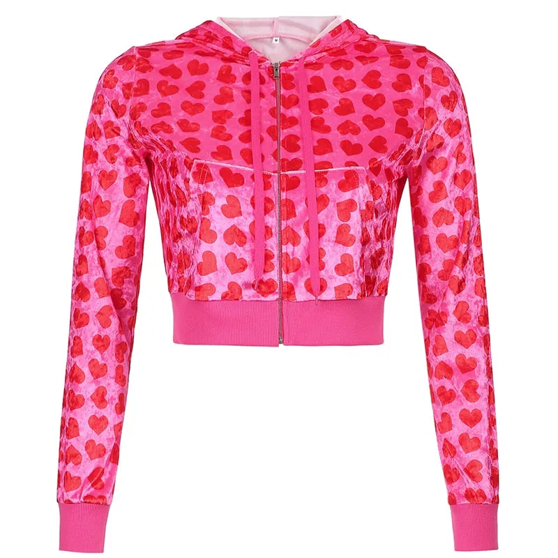 Amozae- Velvet Heart Print Cropped Top Bomber Jacket Women Autumn Cute Pink Long Sleeve Coats Zipper Winter 90S Overcoat