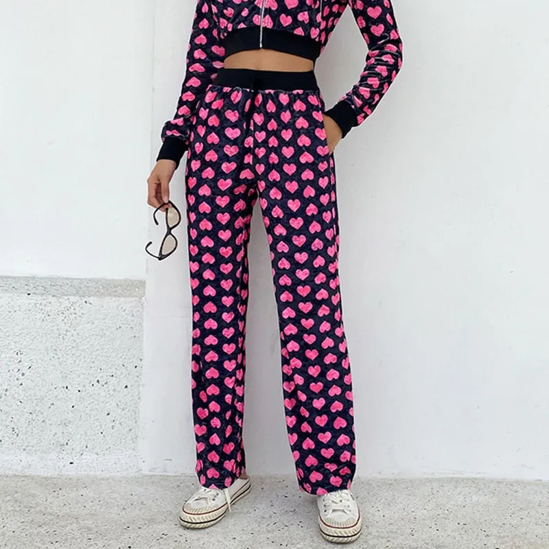 Amozae- Velvet Heart Print Cropped Top Bomber Jacket Women Autumn Cute Pink Long Sleeve Coats Zipper Winter 90S Overcoat