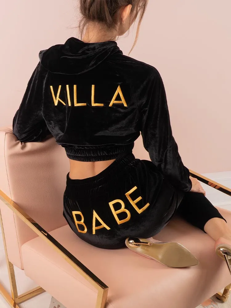 Bae'sics Killa Babe Black Hoodie & Joggers Velvet Loungewear Set