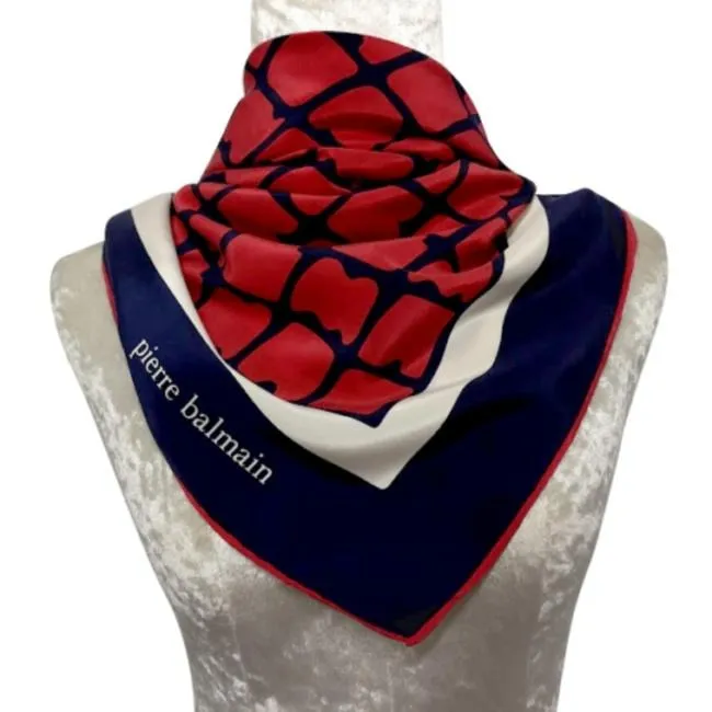 Balmain Red White Navy Logo Print Scarf