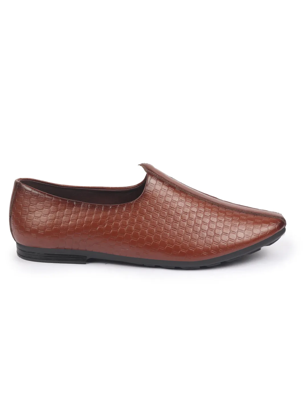 Basics Men Tan Embossed Design Ethnic Slip On Juttis and Mojaris
