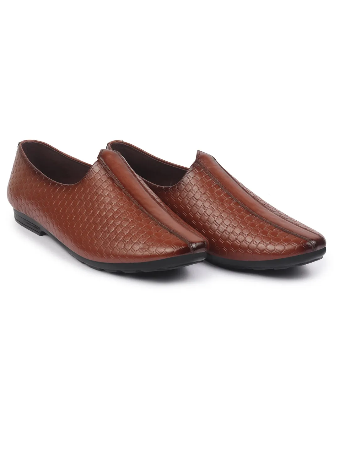Basics Men Tan Embossed Design Ethnic Slip On Juttis and Mojaris