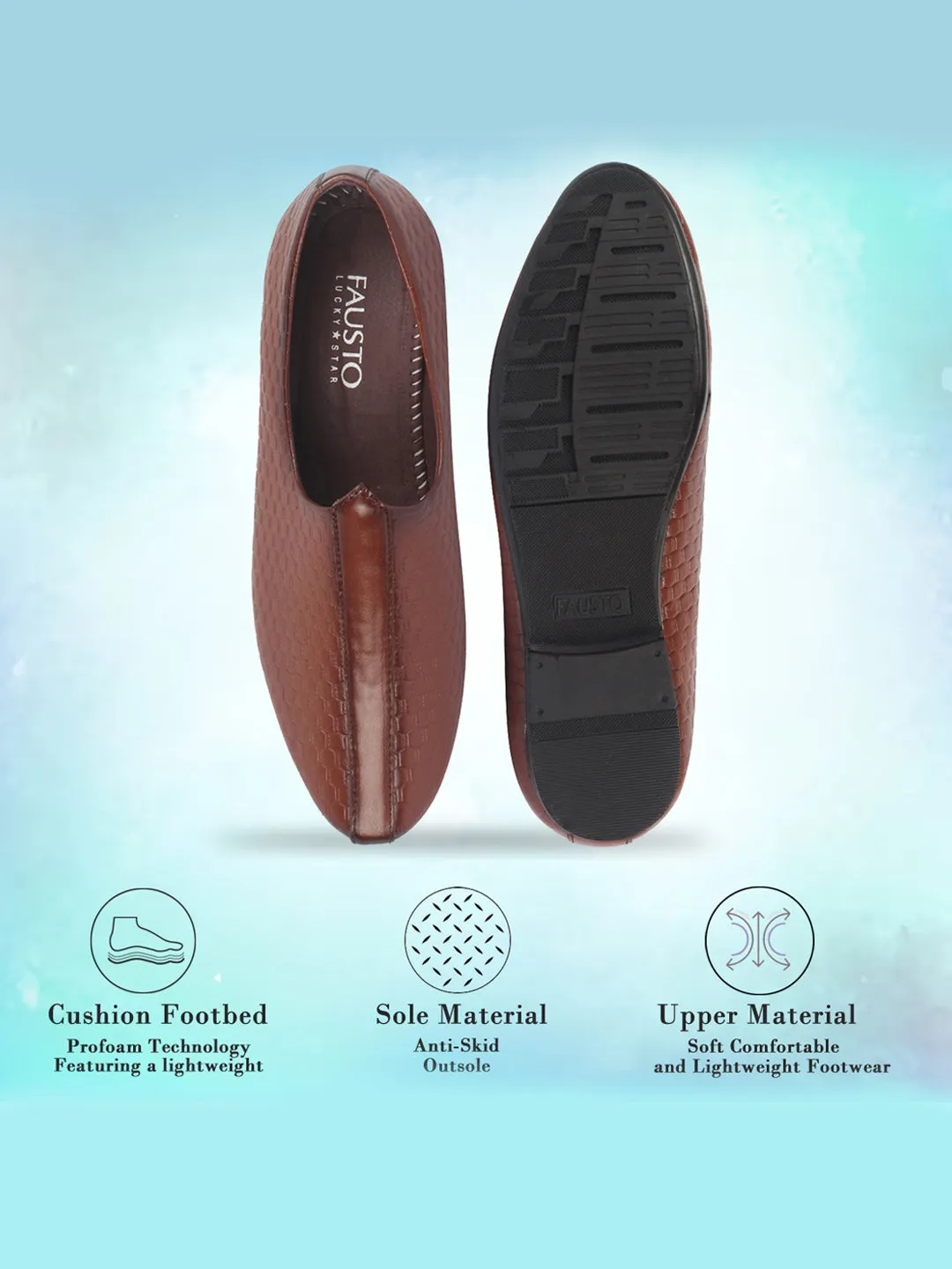 Basics Men Tan Embossed Design Ethnic Slip On Juttis and Mojaris