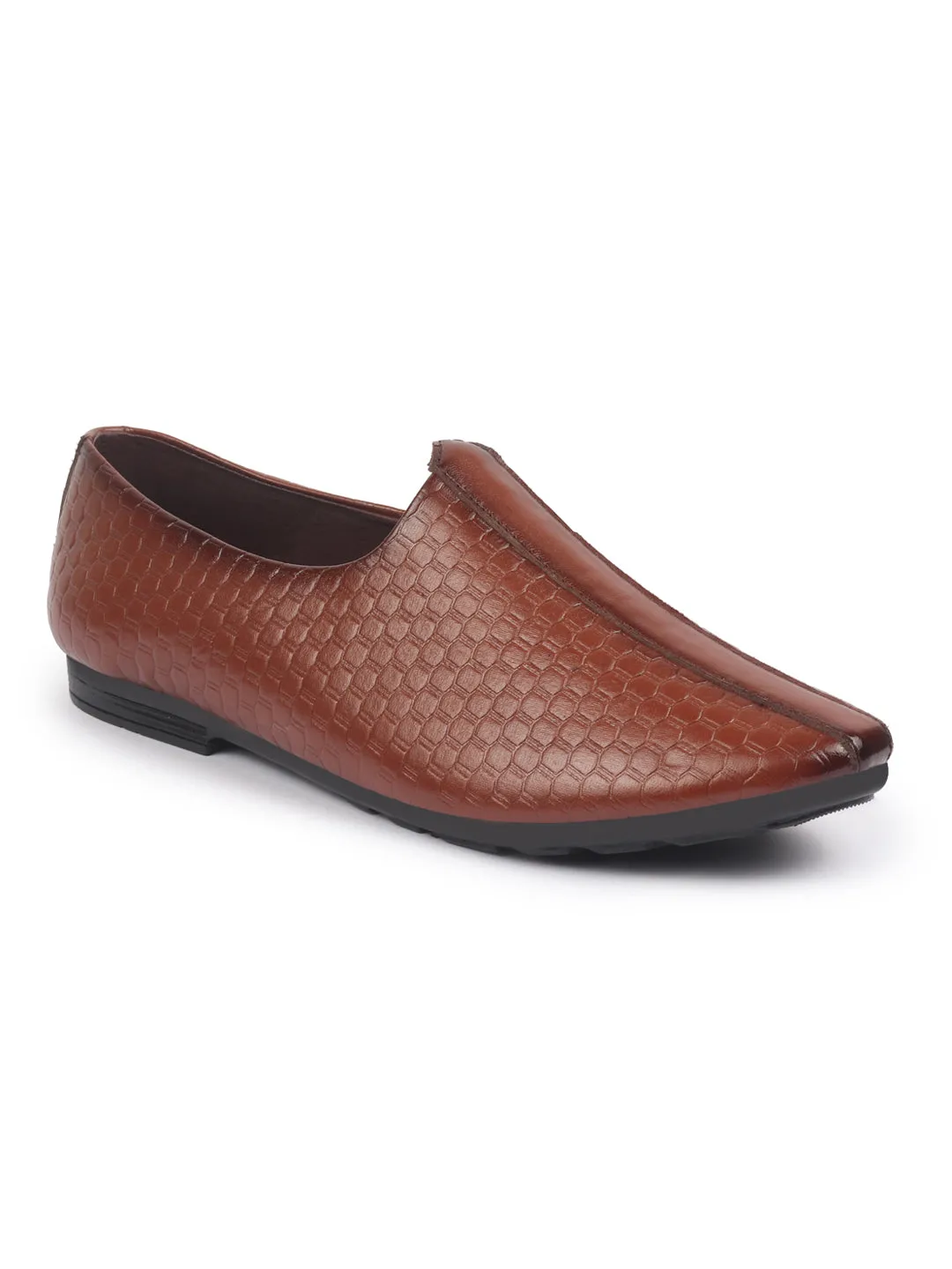 Basics Men Tan Embossed Design Ethnic Slip On Juttis and Mojaris