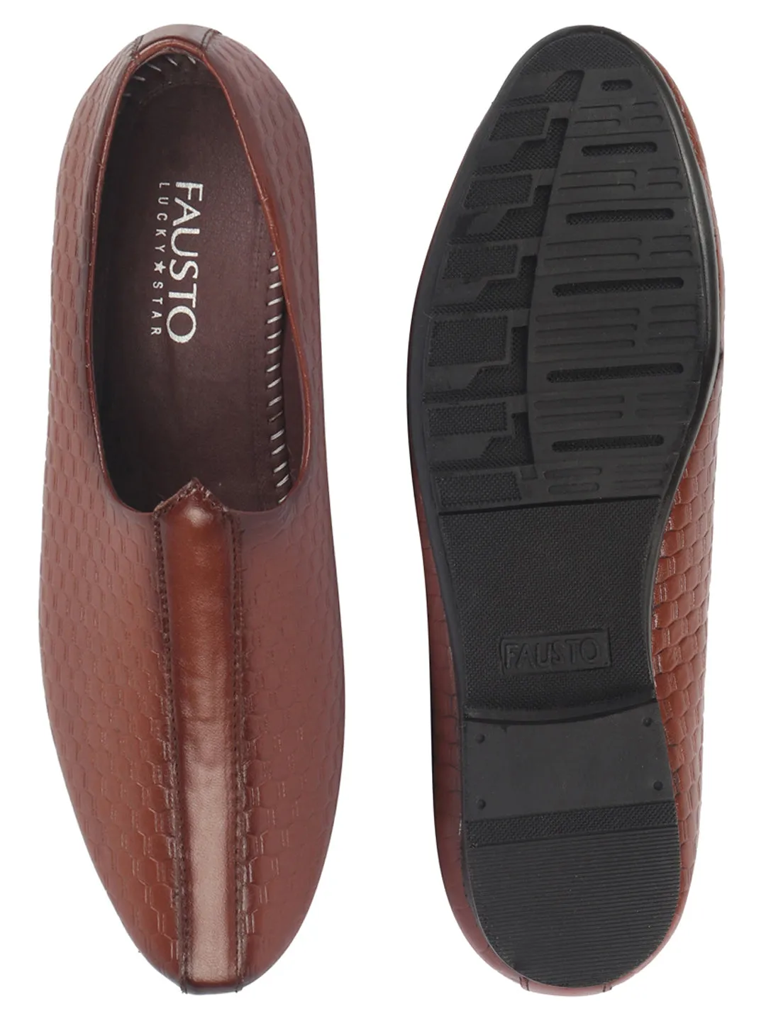 Basics Men Tan Embossed Design Ethnic Slip On Juttis and Mojaris