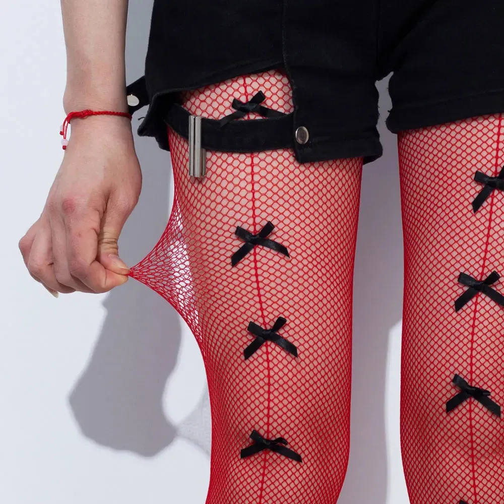 Be Present- the Ribbon Trimmed Red Fishnet Tights