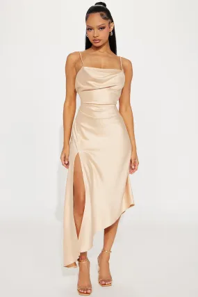 Bella Shiny Satin Midi Dress - Champagne