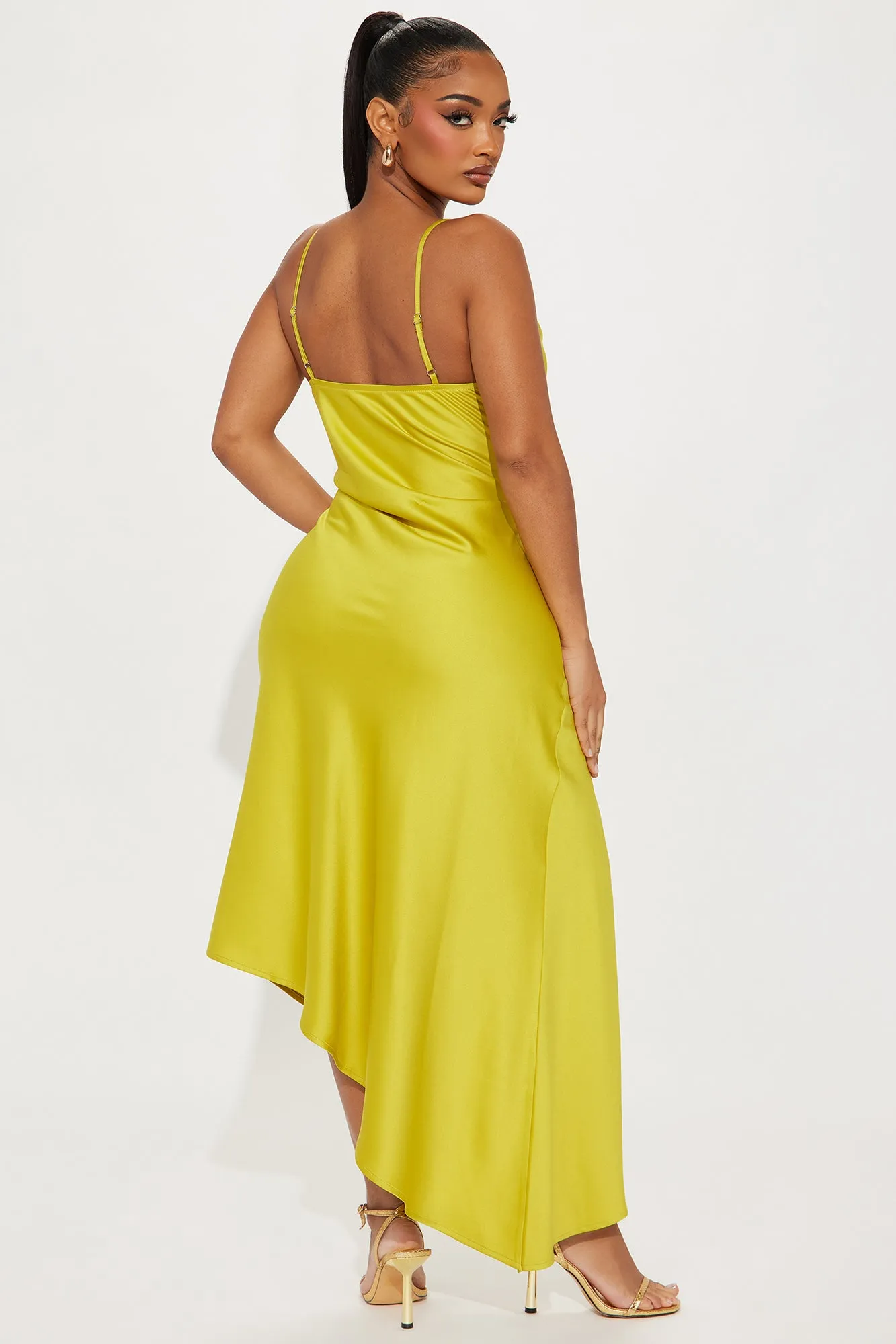 Bella Shiny Satin Midi Dress - Mustard