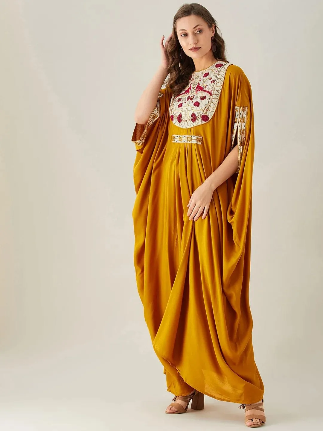 Birds in Paradise Mustard Embellished Maxi Kaftan - Freesize