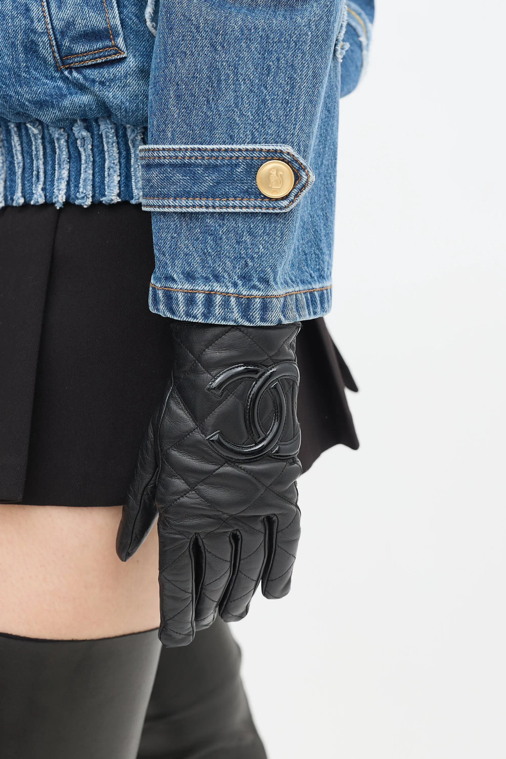 Black Quilted Leather & Patent CC Gloves
