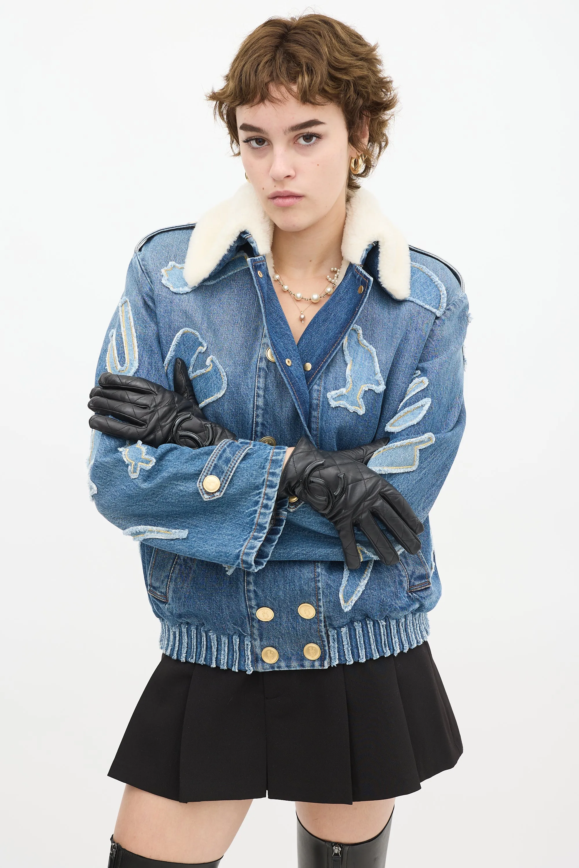 Black Quilted Leather & Patent CC Gloves