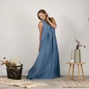 Blue Melange Loose Linen Maxi Dress