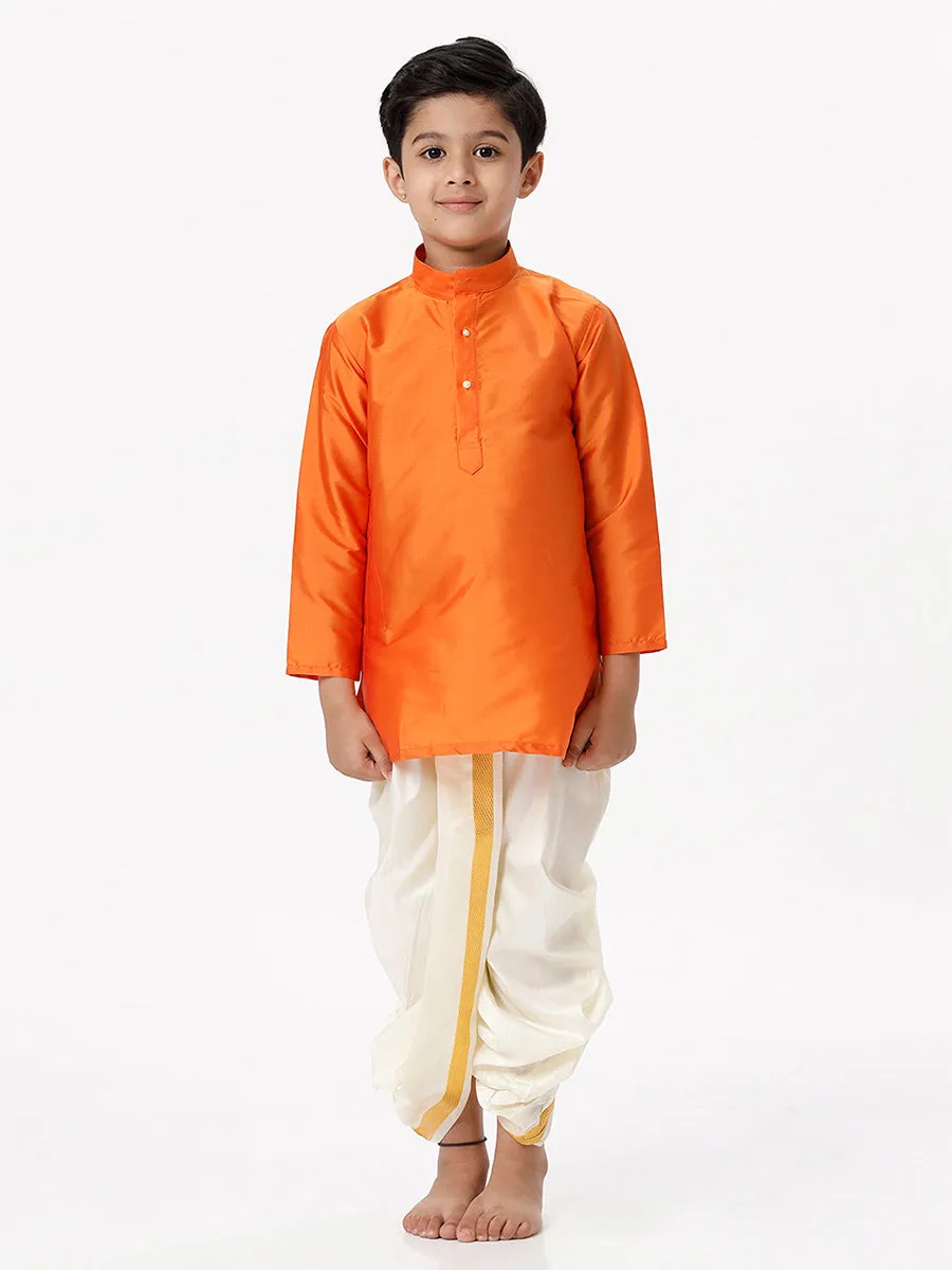 Boys Silk Cotton Full Sleeves Orange Kurta