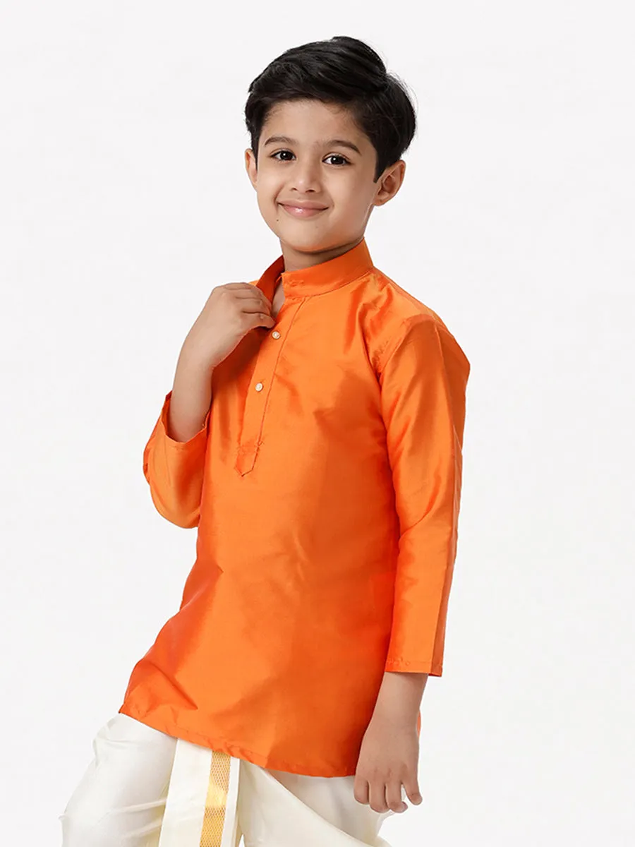 Boys Silk Cotton Full Sleeves Orange Kurta