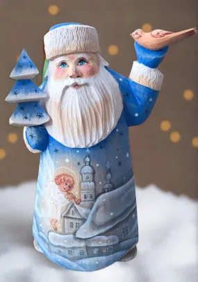 Carved Russian Santa- Blue Coat with Angel