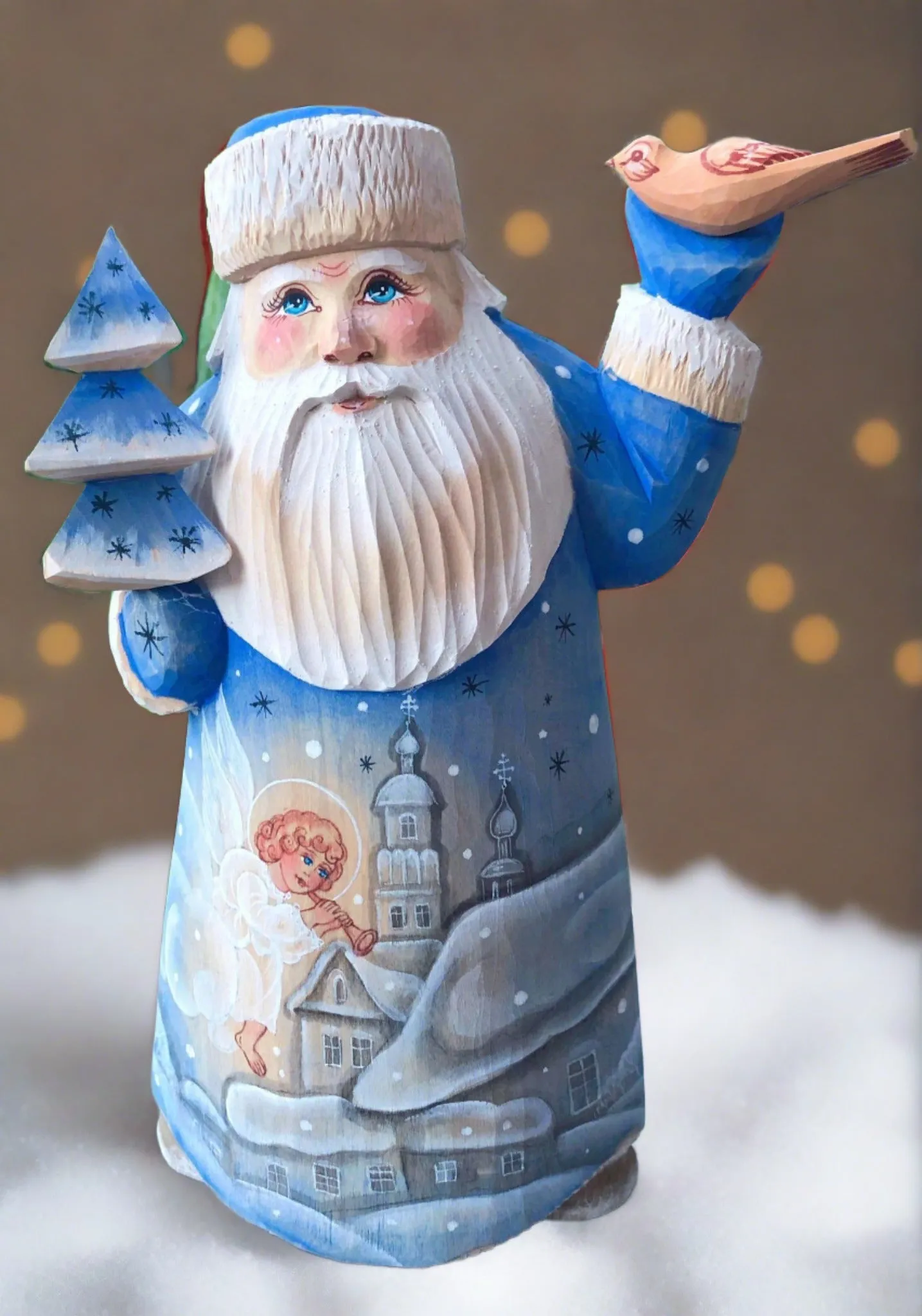 Carved Russian Santa- Blue Coat with Angel
