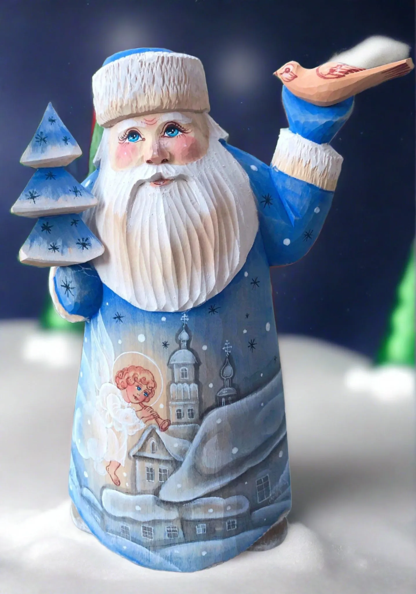 Carved Russian Santa- Blue Coat with Angel
