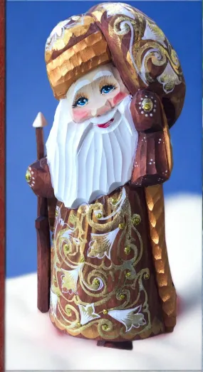 Carved Russian Santa- Gold and Brown Coat