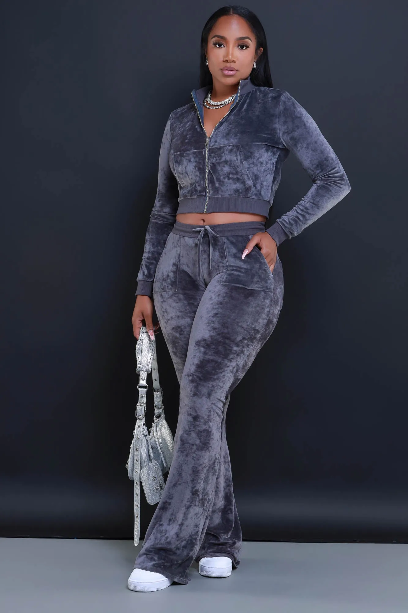 Catch An Opp Velvet Jogger Set - Gray