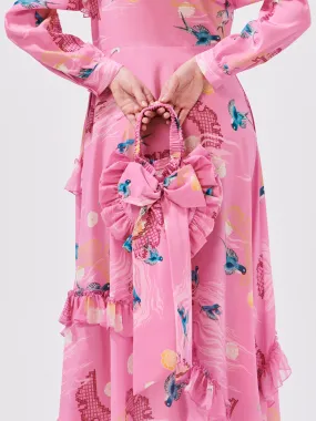 Charming Birds Pink Silk Heart Shape Bag