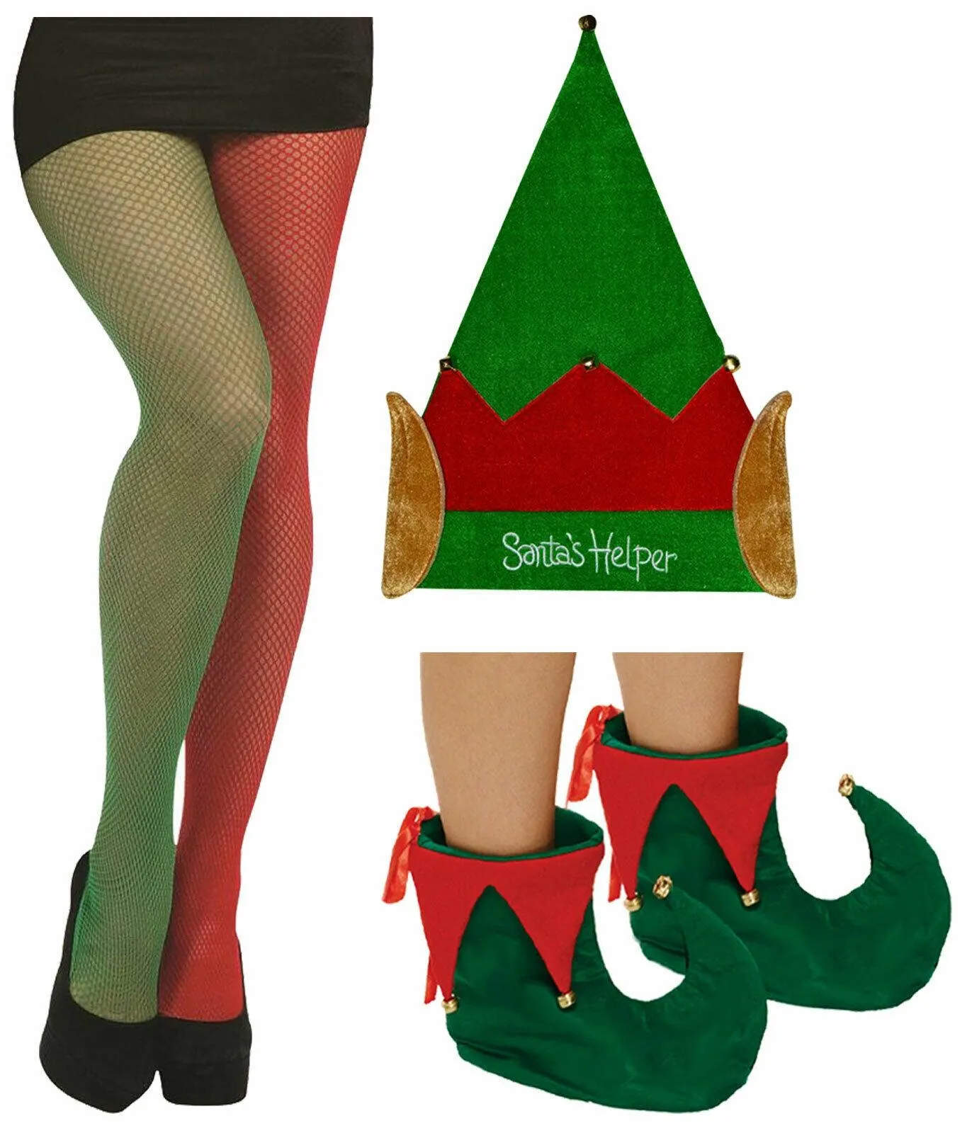 Christmas Santa Helper Hat Fishnet Tights Shoe Cover Xmas Party Fancy Dress
