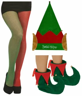 Christmas Santa Helper Hat Fishnet Tights Shoe Cover Xmas Party Fancy Dress