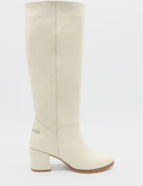 Cleo knee-high block heel boots in off white leather womens shoe