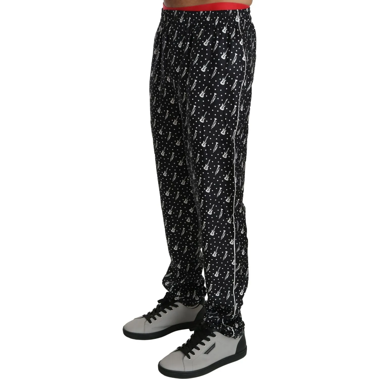 Dolce & Gabbana Elegant Black Musical Instrument Print Silk Pants
