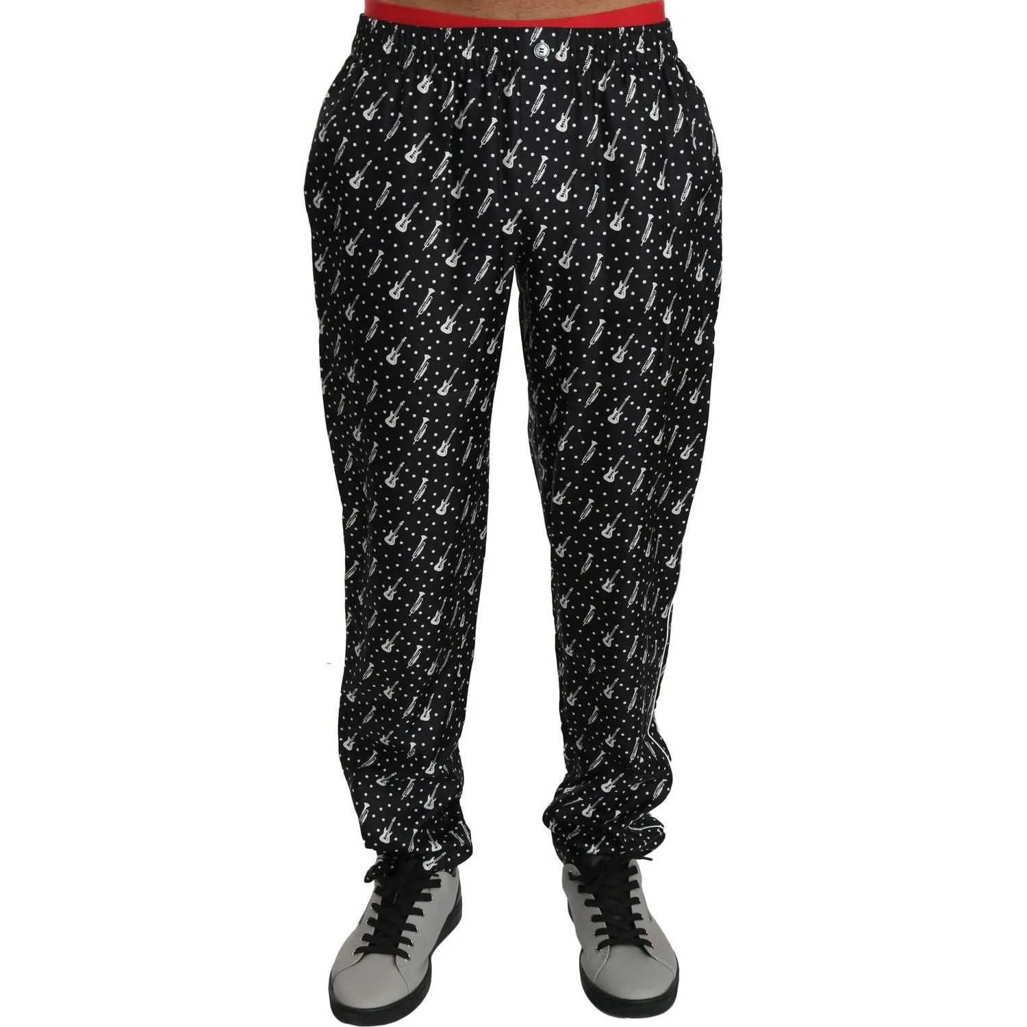 Dolce & Gabbana Elegant Black Musical Instrument Print Silk Pants