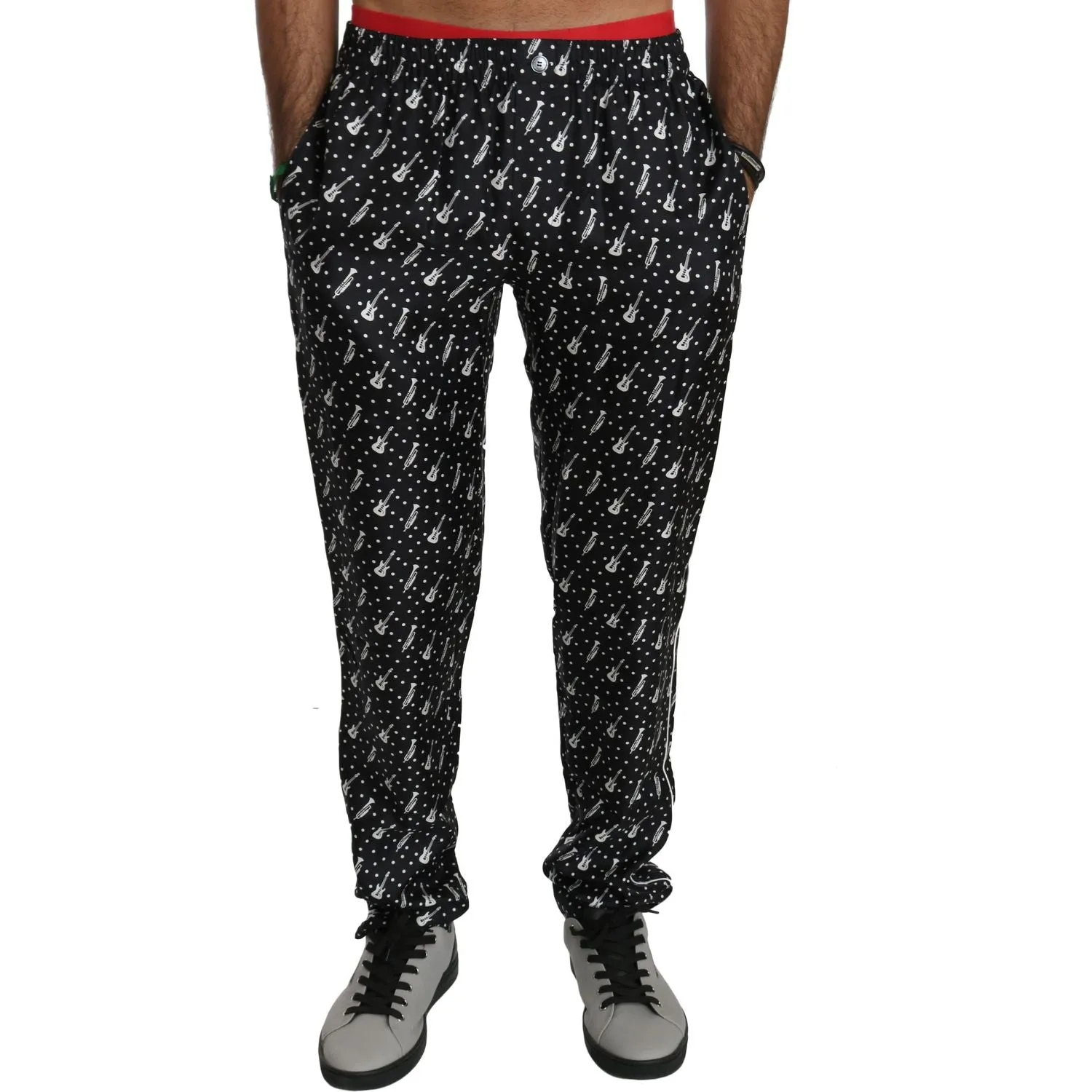 Dolce & Gabbana Elegant Black Musical Instrument Print Silk Pants
