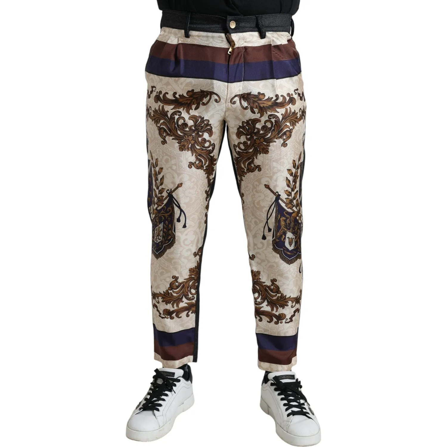 Dolce & Gabbana Elegant Silk Skinny Pants with Heraldic Print